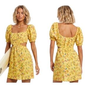 Billabong Sunbeams Yellow Floral Cutout Mini Dress Puff Sleeve Womens Small NEW